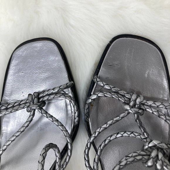 Yves Saint Laurent Braided Leather Silver Chunky Heel Open Toe Sandal 9.5N - Picture 7 of 9